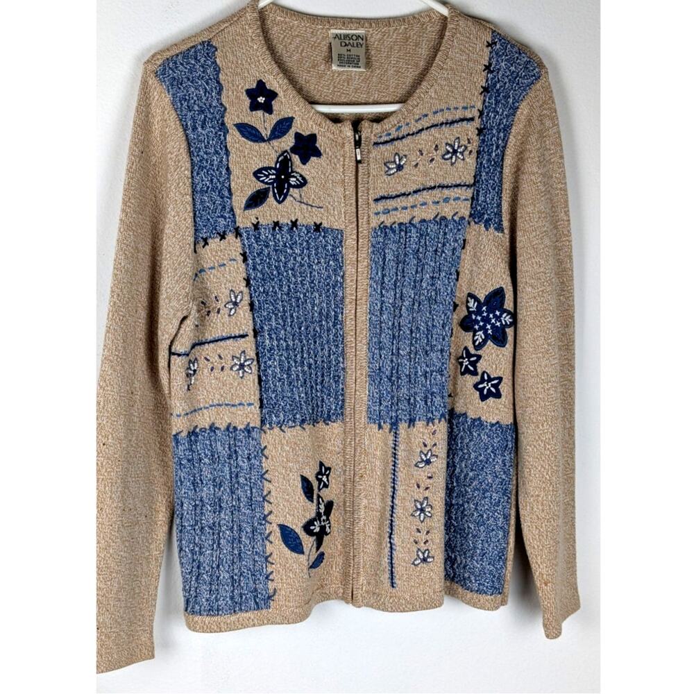 Allison Daley Zip up cardigan Sz M Patchwork Embroidered Beaded Floral Y2K EUC